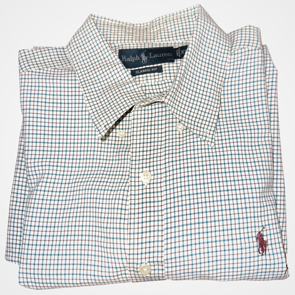 Ralph Lauren Classic Fit Short Sleeve Button Down Shirt XL White + Teal + Brown